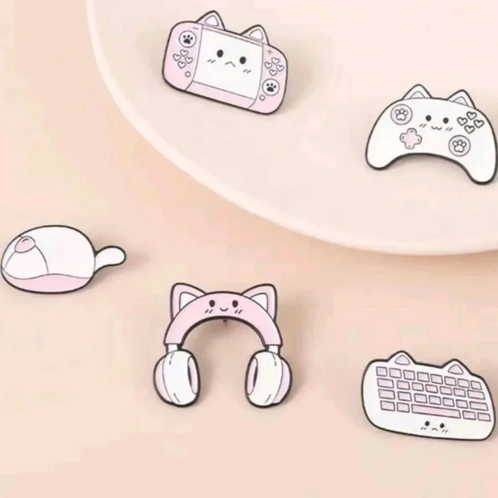 Pink white kawaii gamer girl headphones switch mouse enamel pin brooch charm bag